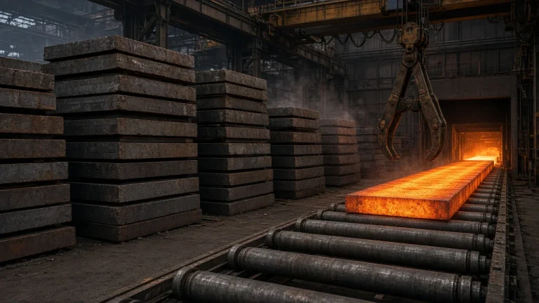 Illustration: stacks of steel slabs in a steelworks slab yard, with a glowing slab on the caster roller table and slab tongs above