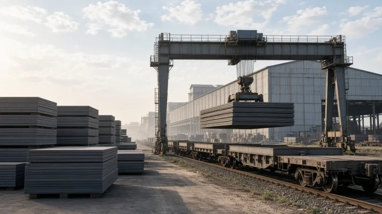 Illustration: a gantry crane lowers a stack of heavy steel plates onto flat rail wagons at a mill dispatch yard