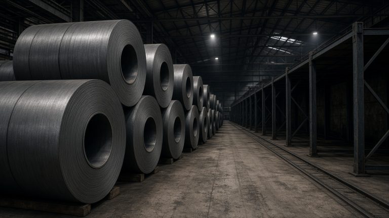 Steel coil warehouse with rows of coils and some empty bays