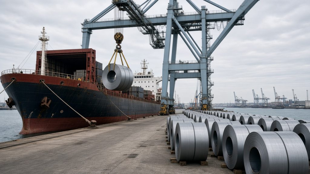Steel coils being unloaded from a cargo ship by port cranes