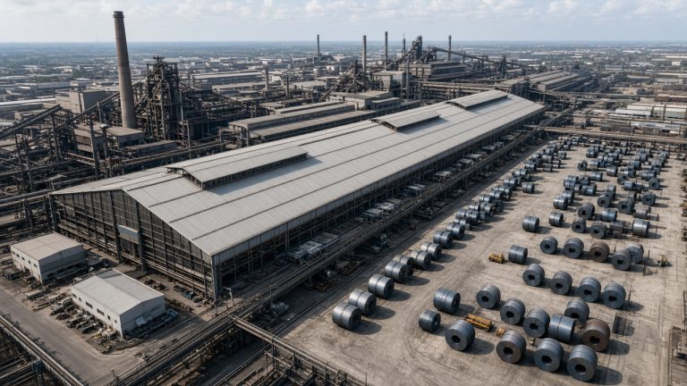 Wide view of a steelworks with a strip mill and a coil yard