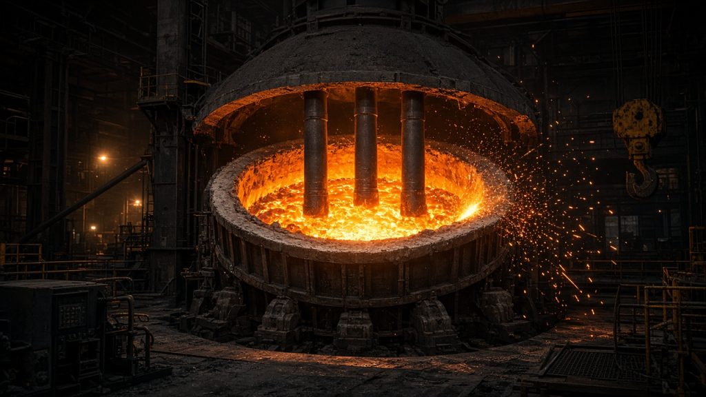 Electric arc furnace with graphite electrodes and glowing molten steel inside a melt shop
