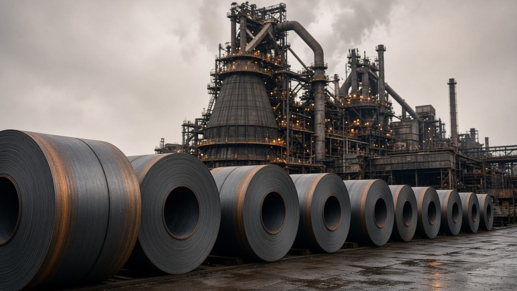 Blast furnace beside a yard of hot-rolled steel coils