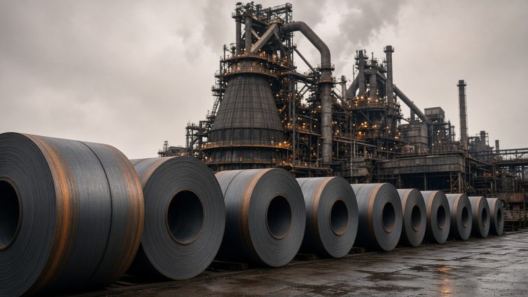 Blast furnace beside a yard of hot-rolled steel coils