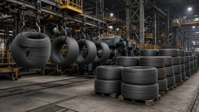 Coils of wire rod stacked beside a rolling mill line