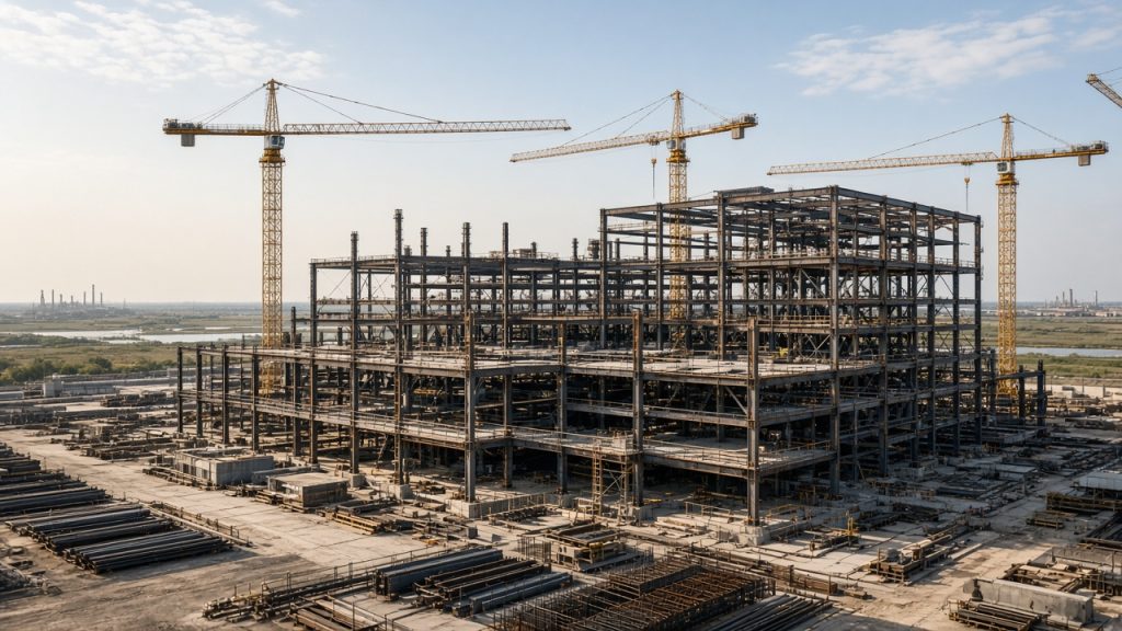 Steel framing and cranes at a new steel mill construction site