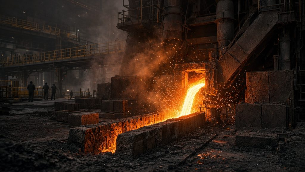 Molten pig iron tapped from a blast furnace into a runner channel