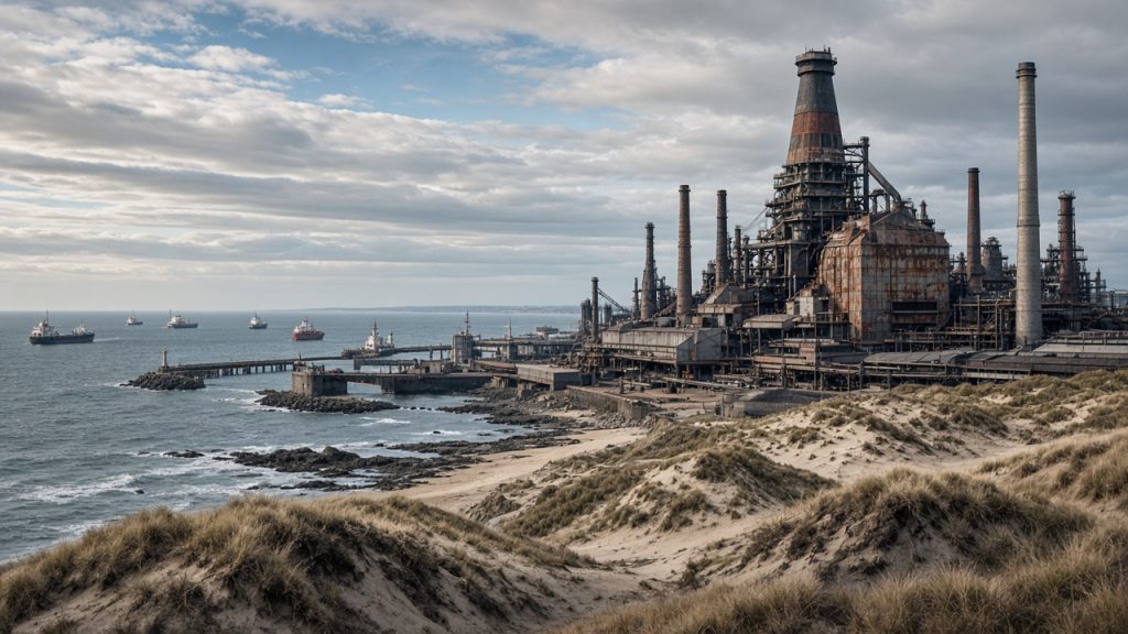 Blast furnace steelworks on a flat coastline beside the sea