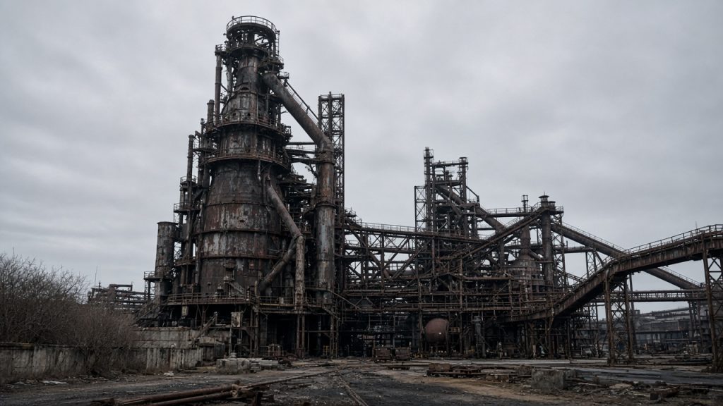 Idle steelworks with cold blast furnaces under an overcast sky