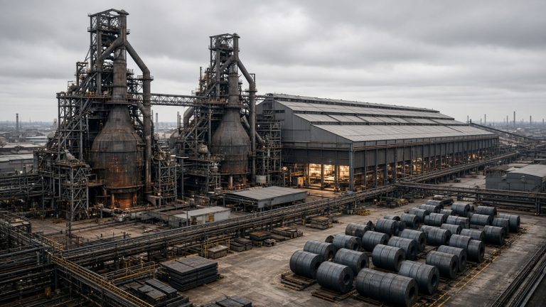 Integrated steelworks with blast furnaces and a long strip mill building