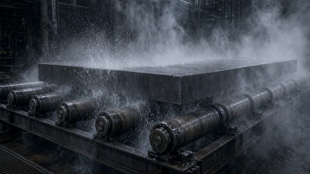 Heavy steel plate passing through water sprays on a quenching line