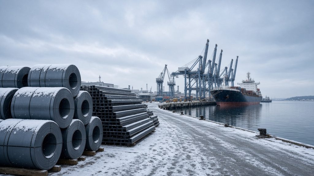 Imported steel coils and beams on a port quay with a cargo ship berthed