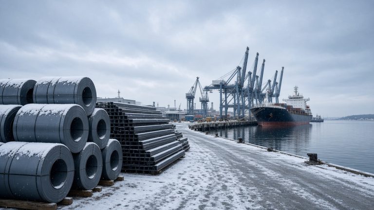 Imported steel coils and beams on a port quay with a cargo ship berthed