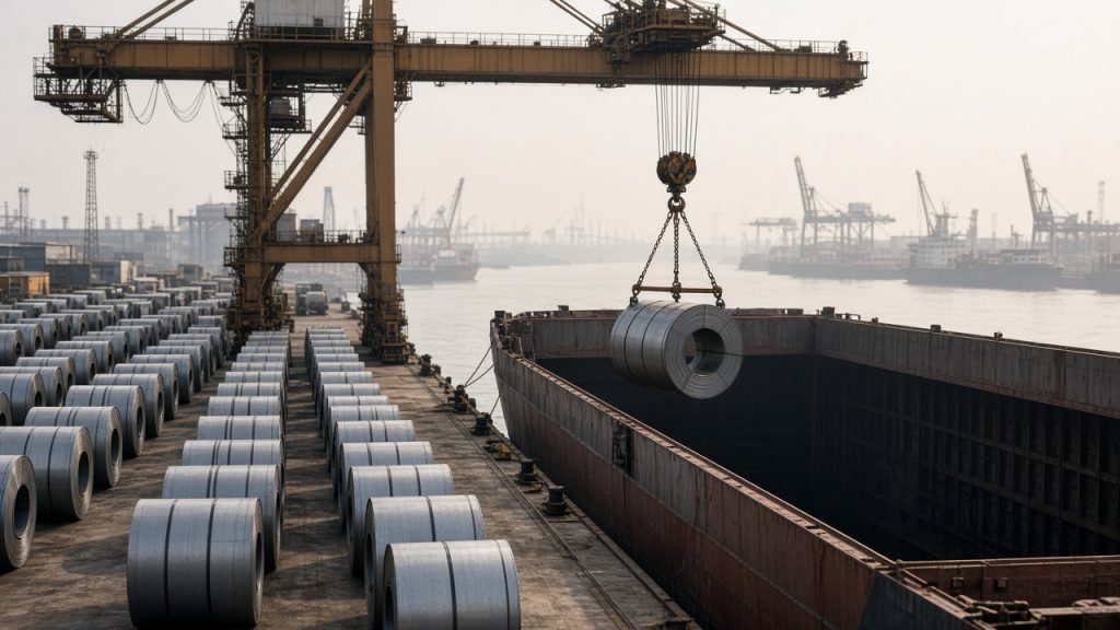 Illustration of hot-rolled steel coils and billets being loaded onto a bulk carrier at a Chinese port
