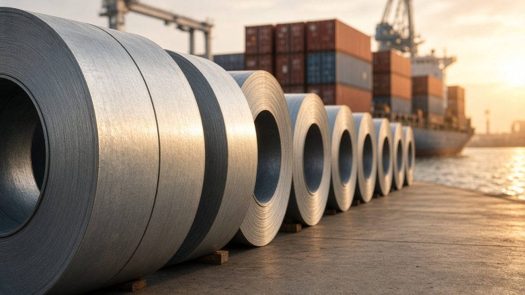 Steel coils awaiting shipment at a dockside