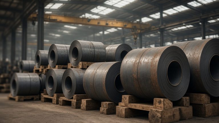 Illustration of stacked hot-rolled steel coils in a mill warehouse under a gantry crane