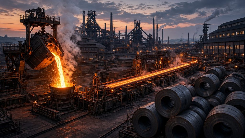 Illustration of a European steelworks restarting production, with molten steel pouring and glowing slabs on a hot strip mill
