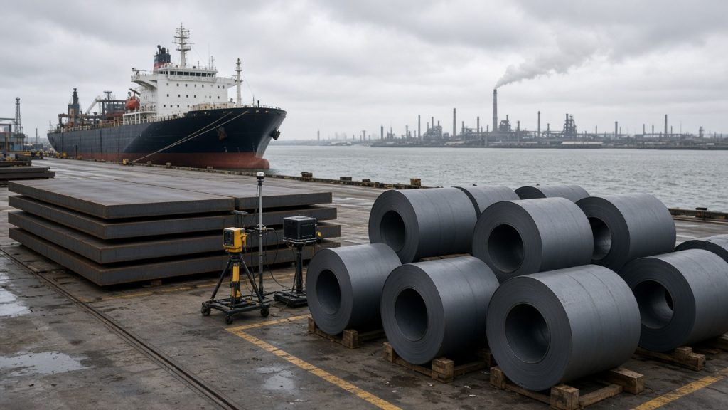Illustration of imported steel coils and plates on a UK dockside at a customs inspection point