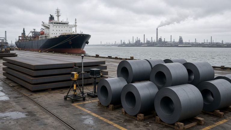 Illustration of imported steel coils and plates on a UK dockside at a customs inspection point