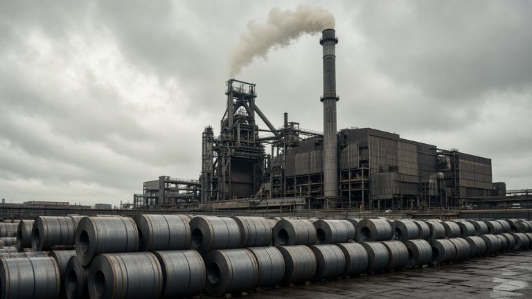 Steel mill with a furnace stack and coil yard under a grey sky