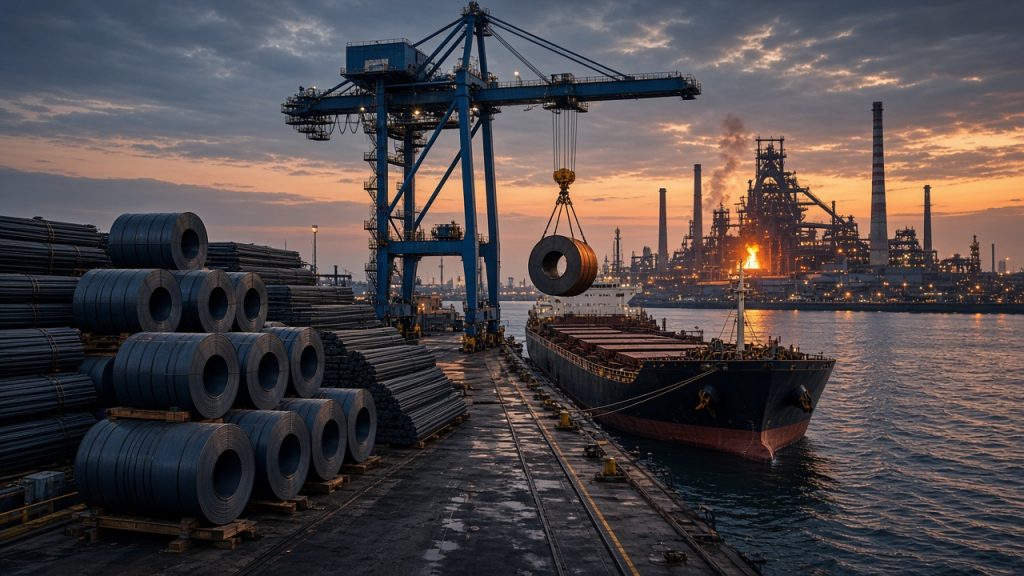 Illustration of a European steel port loading hot-rolled coil and wire rod, with a steelworks across the water