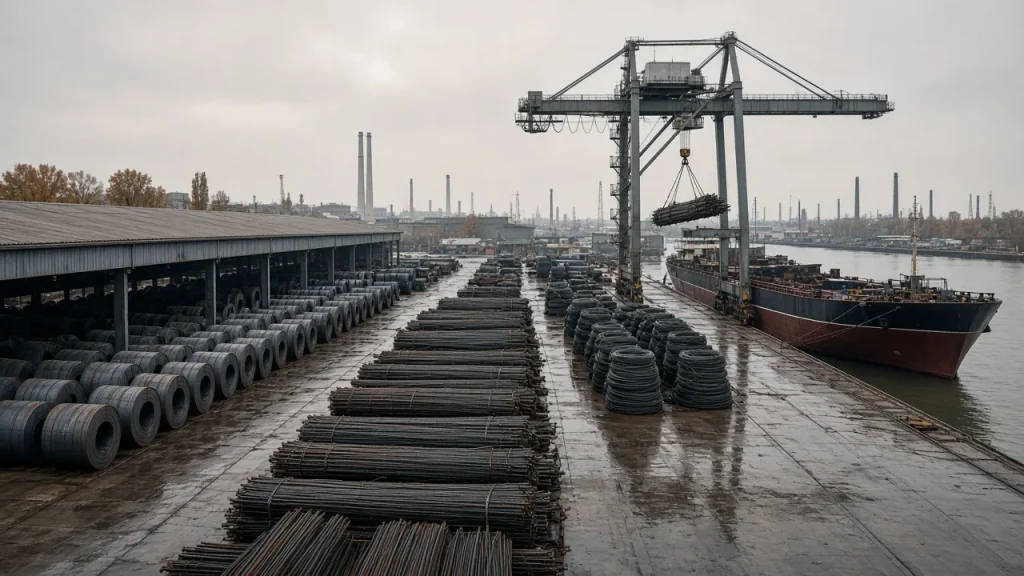 Illustration: steel stockyard on a port quay with rebar bundles, wire-rod coils and hot-rolled coils