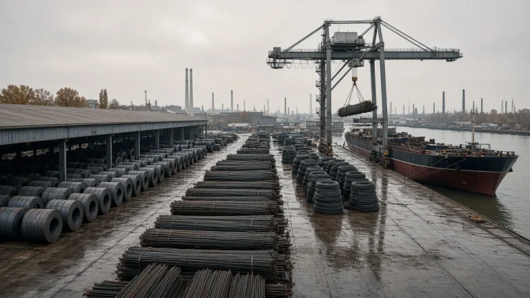 Illustration: steel stockyard on a port quay with rebar bundles, wire-rod coils and hot-rolled coils