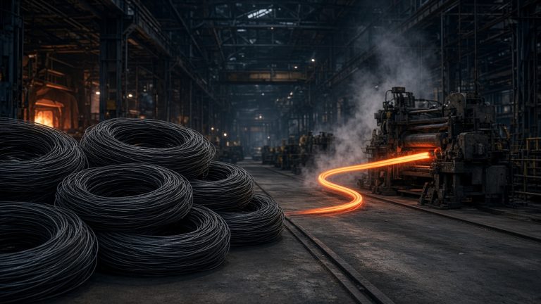 Illustration of a steel wire rod mill with stacked wire rod coils and a glowing hot-rolled rod leaving the mill stands