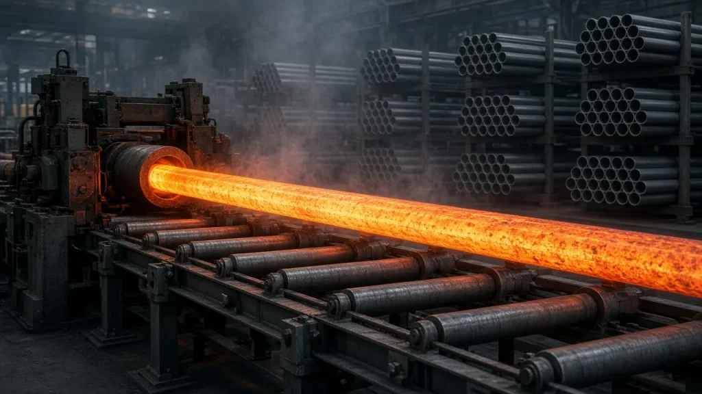 Illustration: a glowing orange seamless steel tube leaving a rolling stand on a roller table, with racks of finished steel tubes behind