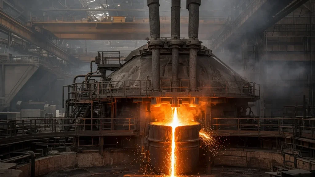 Illustration: an electric arc furnace with three graphite electrodes tapping molten steel into a ladle inside a large steel melt shop, with sparks and overhead crane girders