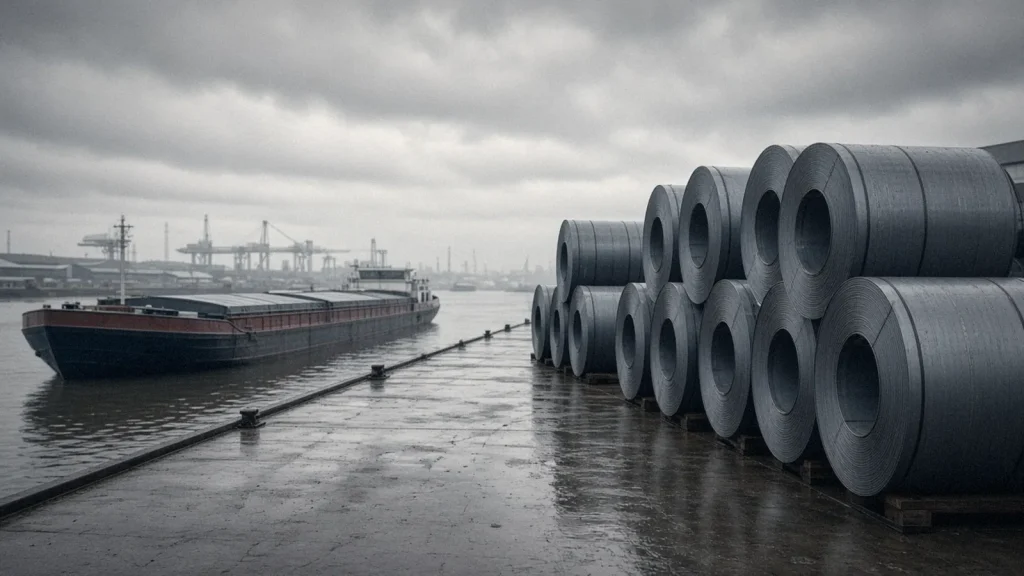 Illustration: stacked hot-rolled steel coils on a wet European inland port quay beside a barge