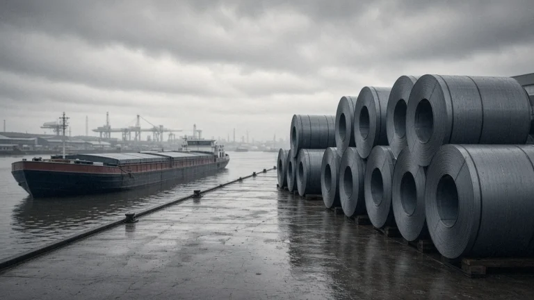 Illustration: stacked hot-rolled steel coils on a wet European inland port quay beside a barge