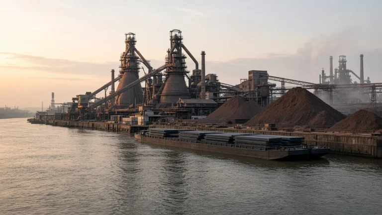 Illustration: an integrated steelworks with two blast furnaces, conveyor galleries and ore stockpiles beside a river, with a barge of steel slabs at the quay