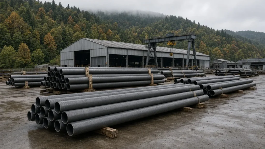 Illustration: stacks of dark grey seamless steel pipes on timber racks in a wet mill yard, with a mill hall, an idle gantry crane and wooded hills behind