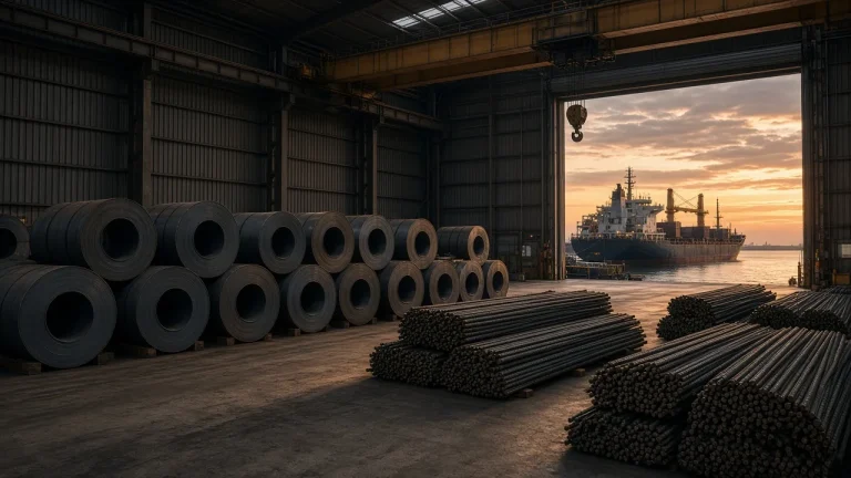 Illustration: rows of hot-rolled steel coils and bundles of rebar in a dockside warehouse under a gantry crane, with a cargo ship beyond the open door