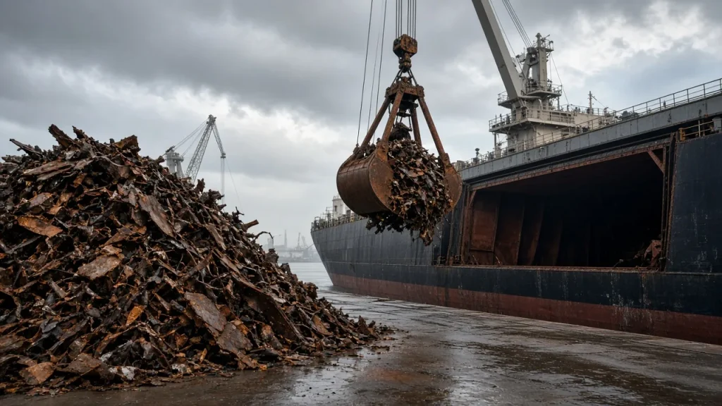 Illustration: a grab crane lifts rusty steel scrap from a quayside pile into the hold of a bulk carrier under an overcast sky