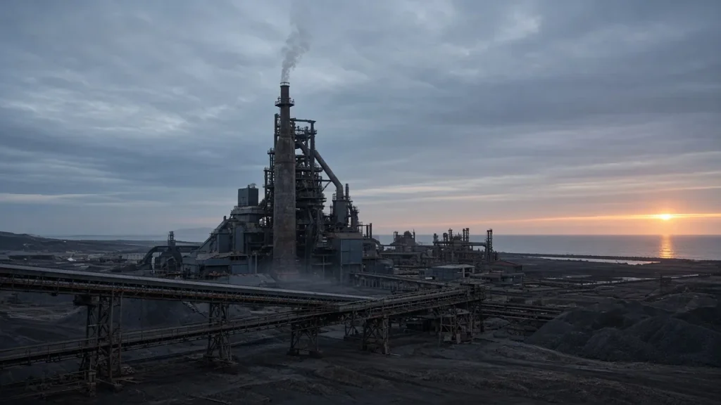 Illustration: an idle blast furnace at a coastal integrated steelworks at dusk, with conveyor gantries and empty stockyards in front