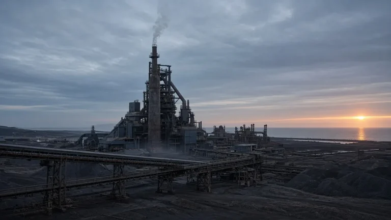 Illustration: an idle blast furnace at a coastal integrated steelworks at dusk, with conveyor gantries and empty stockyards in front
