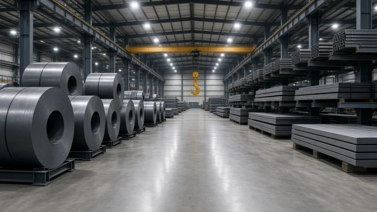 Illustration: a large steel service centre warehouse with rows of steel coils on saddles, stacked cut-to-length sheets, bar bundles on cantilever racks and an overhead crane