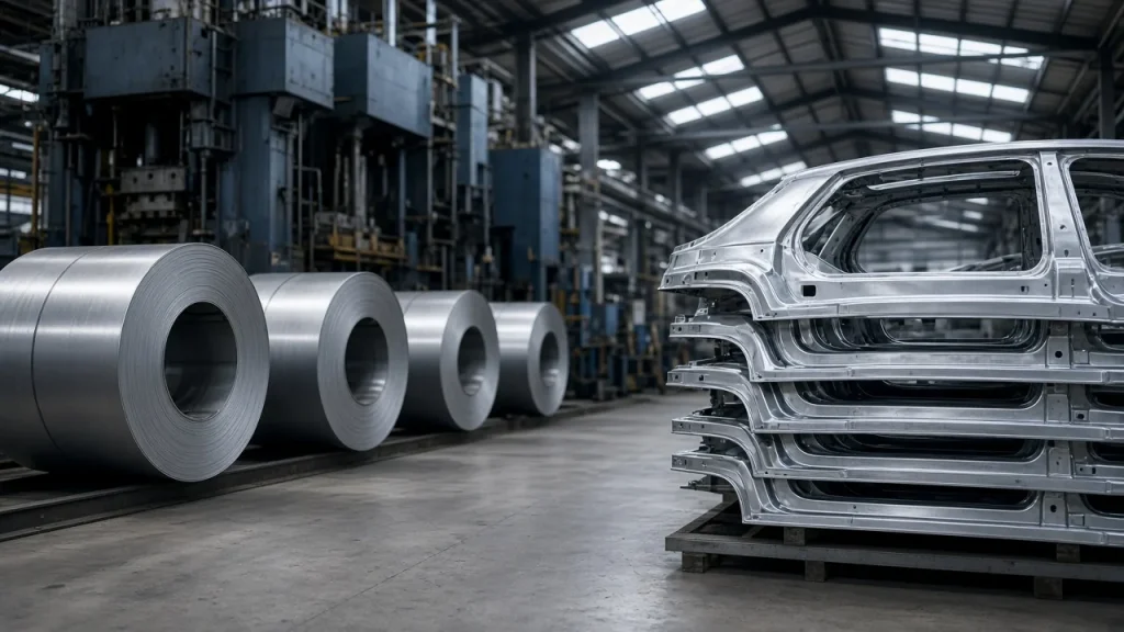 Illustration: coils of cold-rolled and galvanised steel beside a stamping press line, with pressed steel car body panels stacked on racks