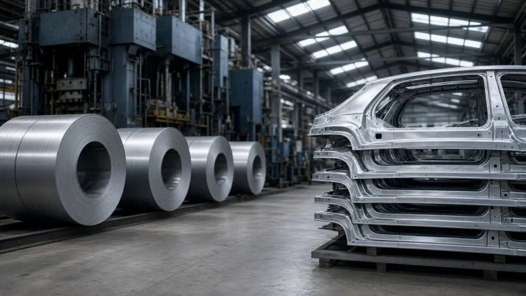 Illustration: coils of cold-rolled and galvanised steel beside a stamping press line, with pressed steel car body panels stacked on racks