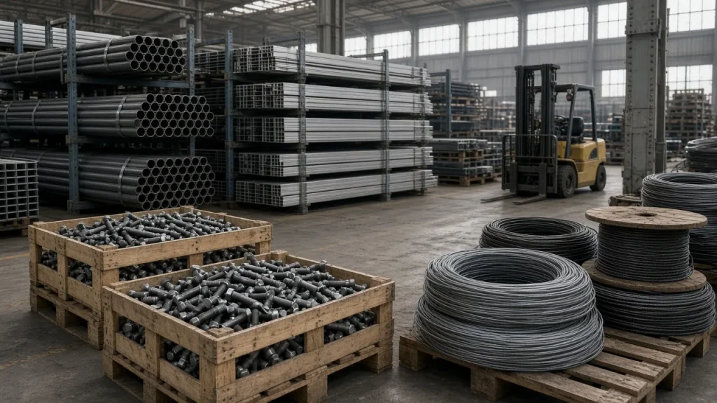 Illustration: crates of steel bolts, coils of galvanised steel wire and wire rope reels on pallets in a port import warehouse, with bundles of steel tubes and aluminium profiles on racks