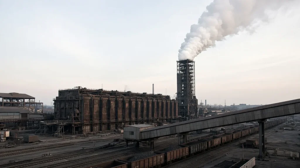 Illustration: a coke oven battery and quenching tower at an integrated steelworks releasing a white steam plume, with a coal conveyor gallery and rail wagons in front