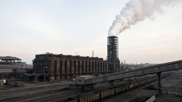 Illustration: a coke oven battery and quenching tower at an integrated steelworks releasing a white steam plume, with a coal conveyor gallery and rail wagons in front