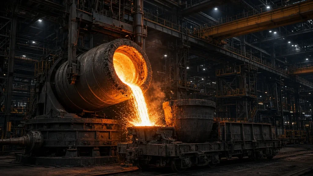 Illustration: a basic oxygen converter tilted to pour molten steel into a ladle inside an integrated steelworks steel shop, with crane girders above