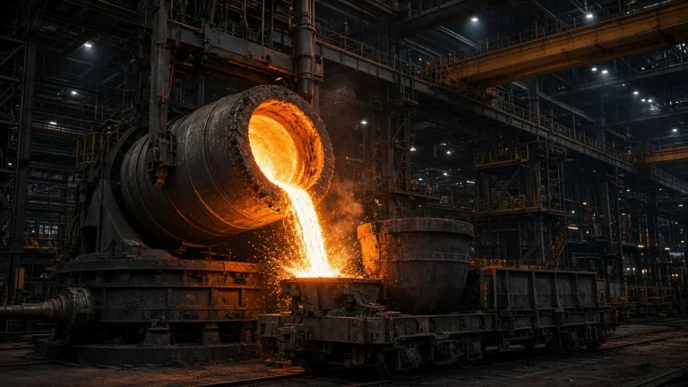 Illustration: a basic oxygen converter tilted to pour molten steel into a ladle inside an integrated steelworks steel shop, with crane girders above