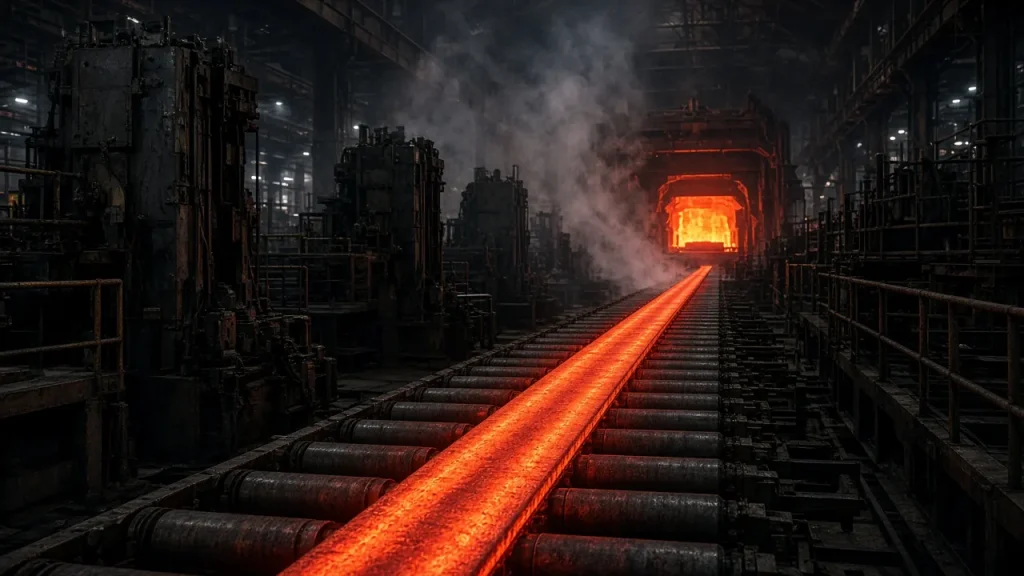 Illustration: a glowing steel strip running along the roller table of a hot strip mill between finishing stands, with steam and a reheating furnace behind