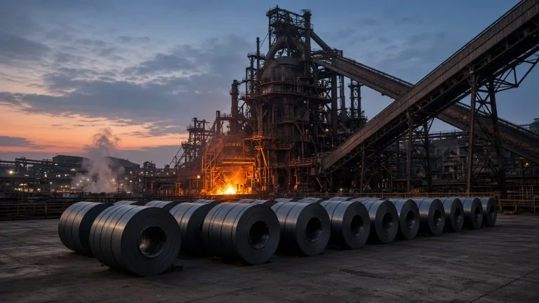 Illustration: blast furnace at dusk with steel coils and a coal conveyor in the foreground