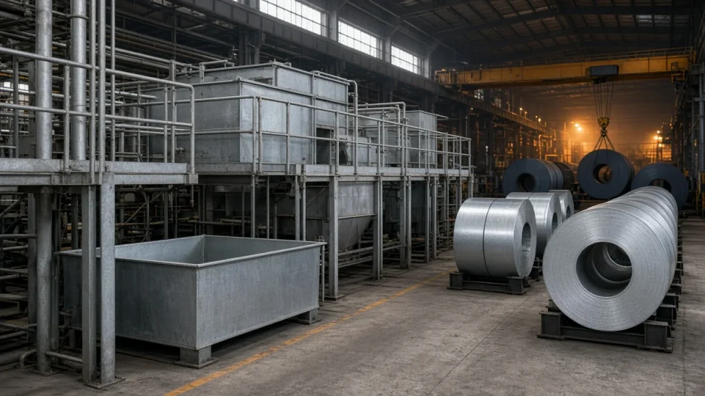 Illustration: an idle galvanising line with zinc-coated coils on cradles and hot-rolled coils lifted by a crane behind