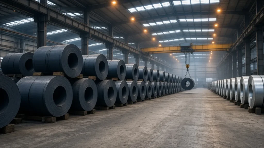 Illustration: rows of dark hot-rolled steel coils and silvery galvanised coils in a warehouse, with a crane lifting a coil